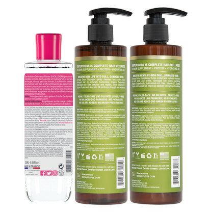 SUPER FOODS Damage Remedy Shampoo &amp; Conditioner (355 mL Each) + Evoluderm Micellar Cleansing Water (250 mL) | Vegan, Sulfate-Free, Color-Safe Haircare &amp; Gentle Makeup Remover