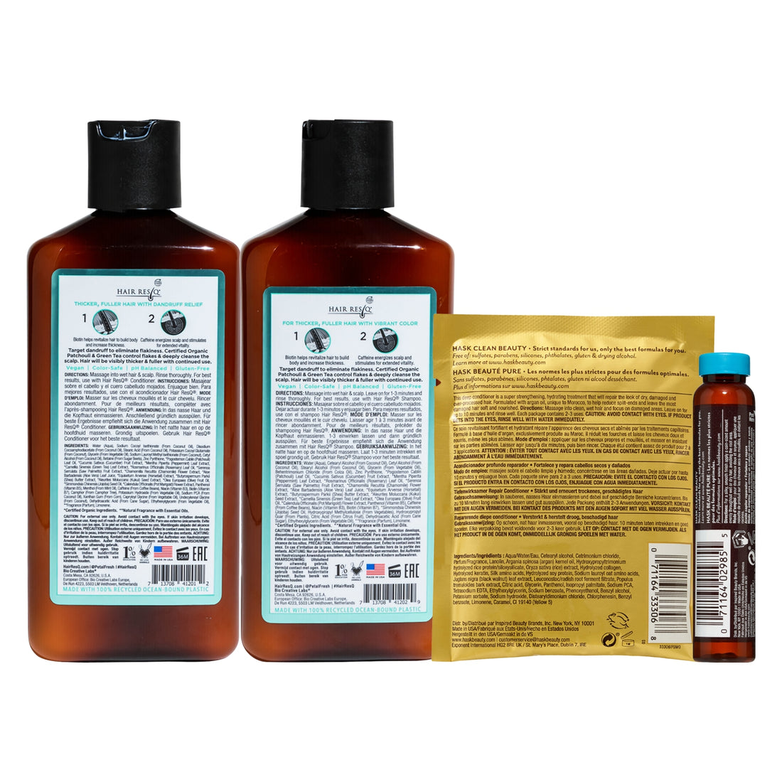 Hair Resq Thickening + Anti‑Dandruff Biotin Shampoo 355ml + Hair Resq Thickening + Anti‑Dandruff Weightless Conditioner 355ml + HASK Argan Oil Repairing Hair Oil 18ml + HASK Argan Oil Repairing Deep Conditioner 50g (Combo of 4 Pcs)