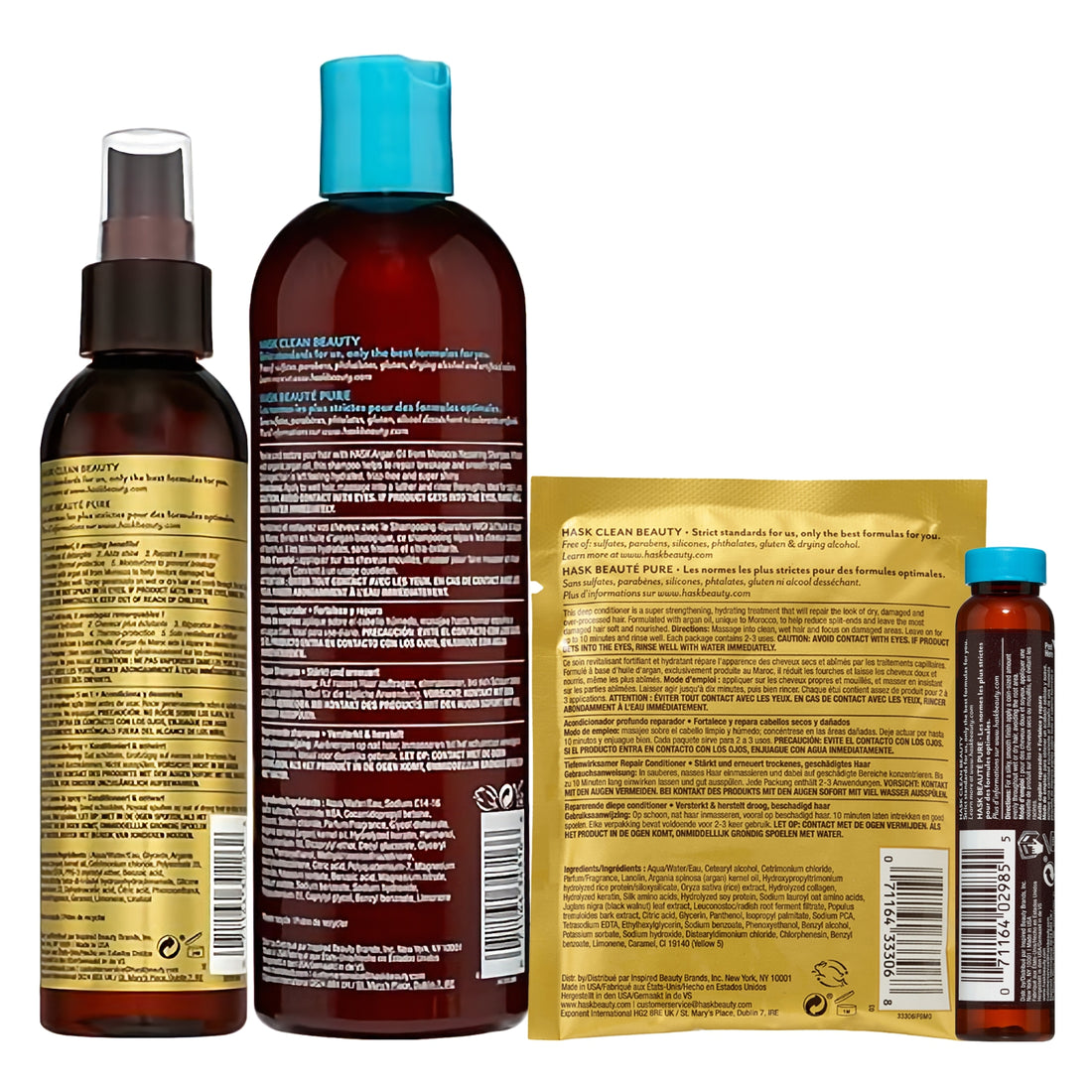 HASK Argan Oil Repairing Shampoo 355ml + HASK Argan Oil 5‑in‑1 Leave‑In Spray 175ml + HASK Argan Oil Repairing Hair Oil 18ml + HASK Argan Oil Repairing Deep Conditioner 50g – Sulfate Free, Paraben Free, Strengthens &amp; Restores Dry Damaged Hair (4pc Combo)