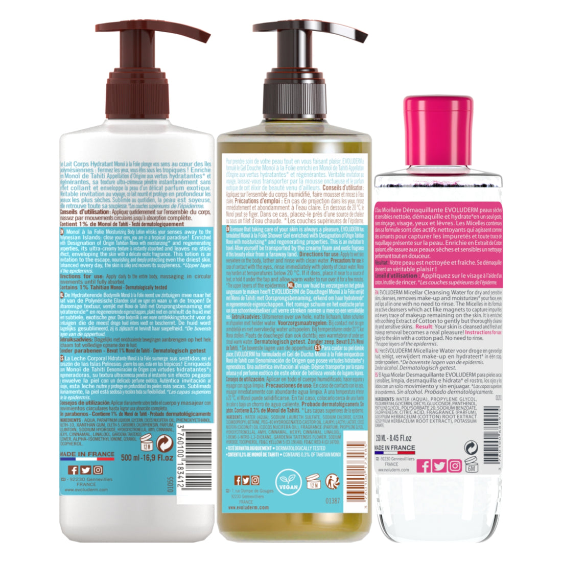 Evoluderm Body Lotion Monoi à la Folie 500ml + Evoluderm Shower Gel Monoi à la Folie 500ml + Evoluderm Micellar Water Dry &amp; Sensitive Skin 250ml (3pc Combo) Dermatologically Tested, Made in France