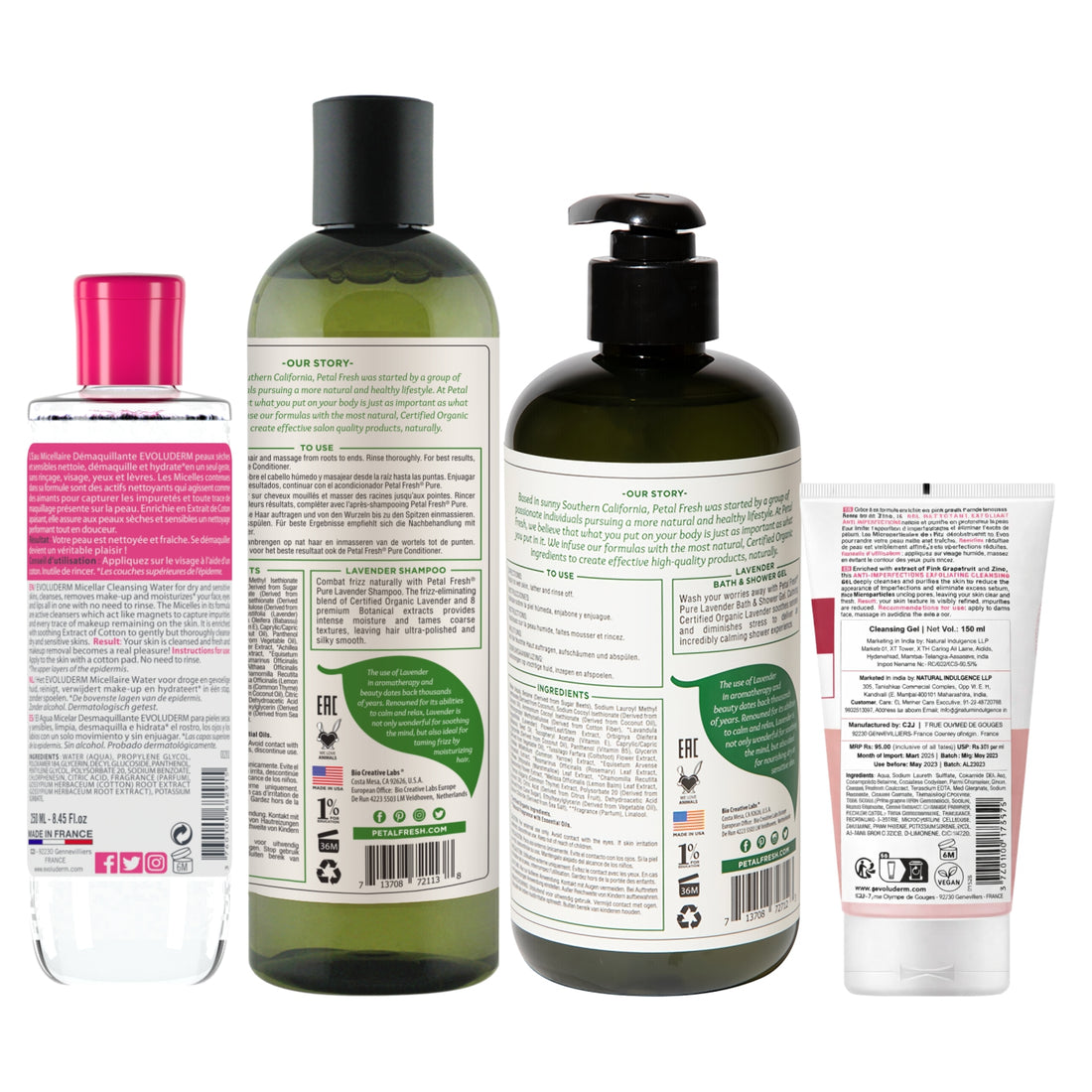 Petal Fresh Anti‑Frizz Shampoo Lavender 355ml + Petal Fresh Soothing Shower Gel Lavender 475ml + Evoluderm Anti‑Imperfections Exfoliating Cleansing Gel 150ml + Evoluderm Micellar Cleansing Water Dry &amp; Sensitive Skin 250ml (4pc Combo)