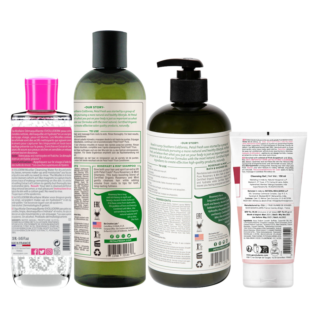 Petal Fresh Shampoo Rosemary &amp; Mint 355ml + Petal Fresh Pure Energizing Bath &amp; Shower Gel Rosemary &amp; Mint 475ml – Tones &amp; Refreshes Skin + Evoluderm Anti Imperfections Exfoliating Cleansing Gel 150ml + Evoluderm Micellar Cleansing Water 250ml (4pc Combo)