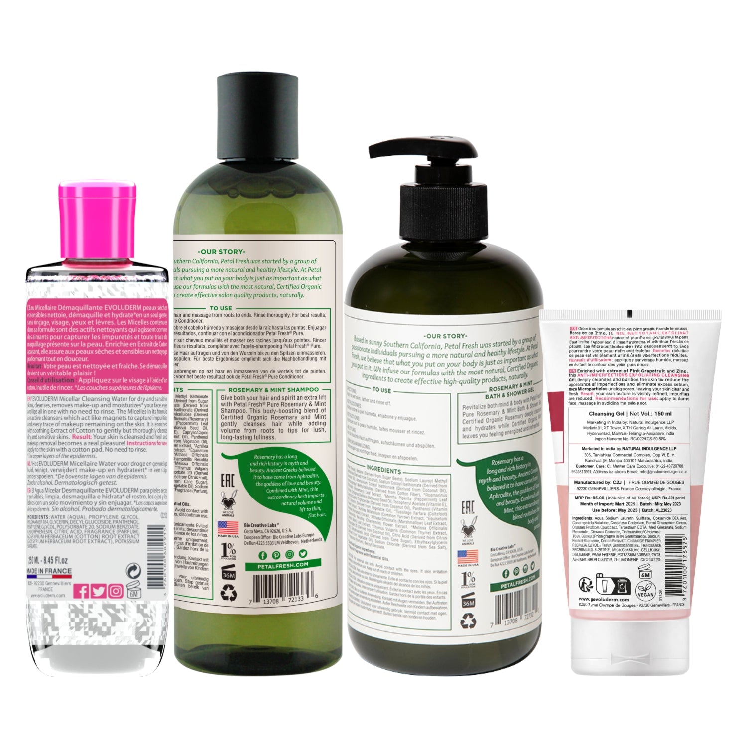 Petal Fresh Shampoo Rosemary &amp; Mint 355ml + Petal Fresh Pure Energizing Bath &amp; Shower Gel Rosemary &amp; Mint 475ml – Tones &amp; Refreshes Skin + Evoluderm Anti Imperfections Exfoliating Cleansing Gel 150ml + Evoluderm Micellar Cleansing Water 250ml (4pc Combo)